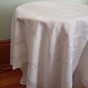 White Damask Tablecloth Cotton Square  125 cm x 156 cm Table Linen Vintage